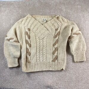 Vintage Alibi Pure New Wool Chunky Cable‎ Knit V Neck Sweater Pullover Neutral